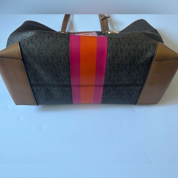 Michael Kors Eva Large Signature Logo Orange & Pink Stripe Tote Bag w/clutch - Picture 6 of 13